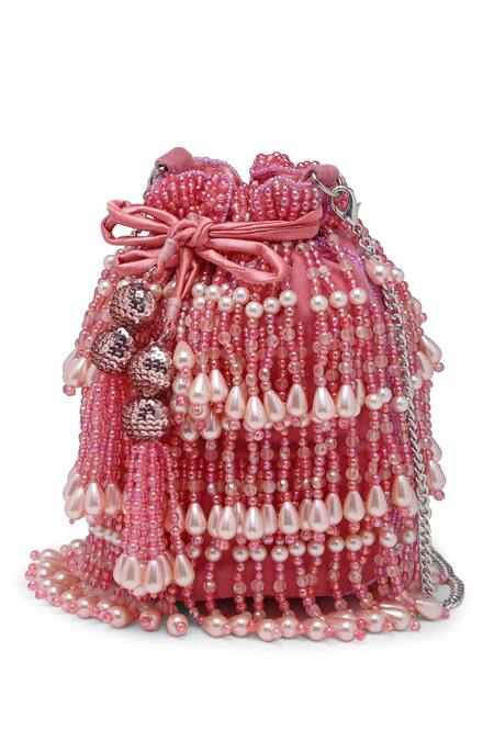 Bijoux By Priya Chandna_Pink Pearls Nilofar Velvet Tassell Bucket Potli Bag _at_Aza_Fashions
