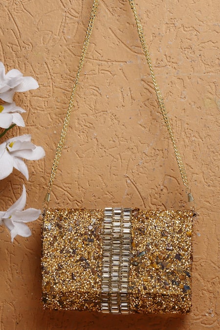 Shop_Bijoux By Priya Chandna_Gold Crystal Stone Embellished Clutch _at_Aza_Fashions