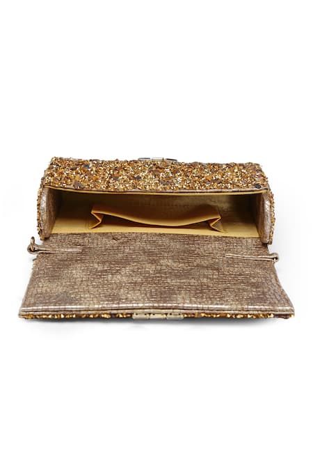 Shop_Bijoux By Priya Chandna_Gold Crystal Stone Embellished Clutch 