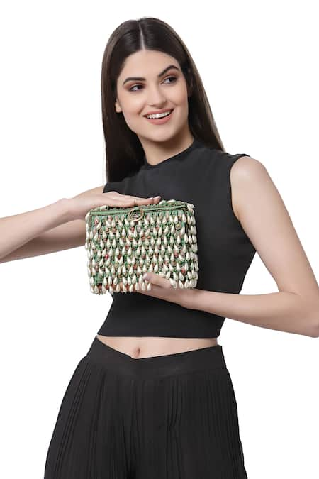 Bijoux By Priya Chandna Green Pearls Jardin-d-amour Shell Embellished Purse 