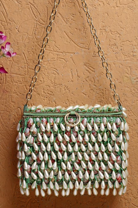 Shop_Bijoux By Priya Chandna_Green Pearls Jardin-d-amour Shell Embellished Purse _at_Aza_Fashions