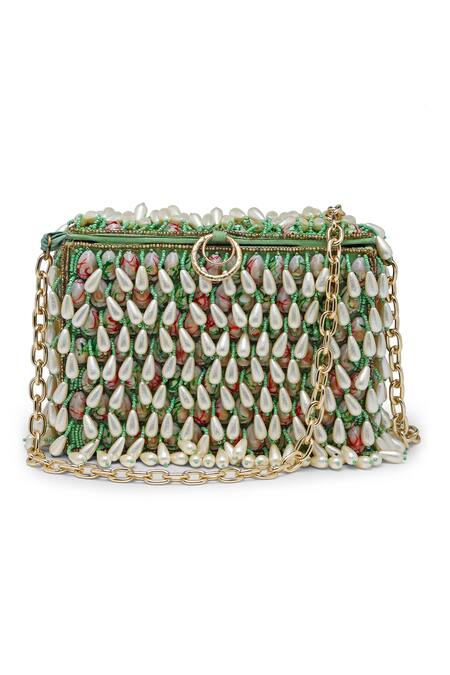 Bijoux By Priya Chandna_Green Pearls Jardin-d-amour Shell Embellished Purse _Online_at_Aza_Fashions