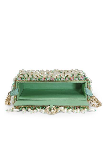 Shop_Bijoux By Priya Chandna_Green Pearls Jardin-d-amour Shell Embellished Purse 