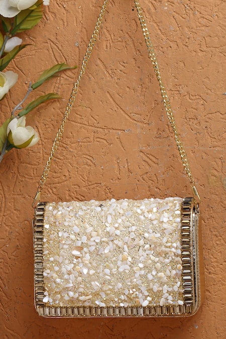 Shop_Bijoux By Priya Chandna_Gold Crystal Stone Embellished Clutch _at_Aza_Fashions