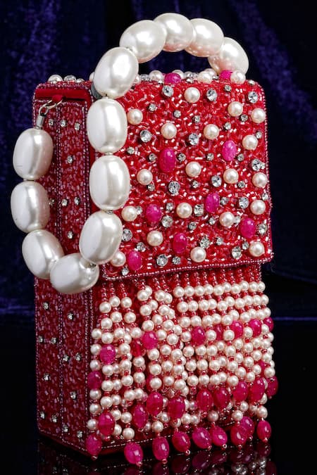 Shop_Bijoux By Priya Chandna_Fuchsia Semi-precious Stones Hand Embroidered Mobile Clutch _at_Aza_Fashions