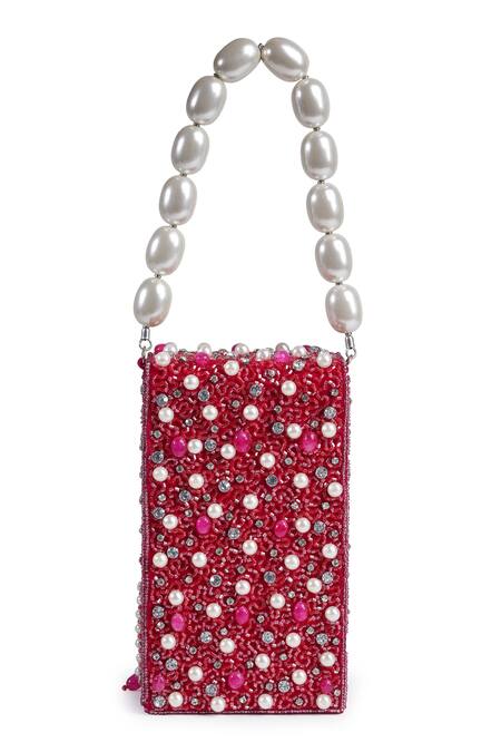Shop_Bijoux By Priya Chandna_Fuchsia Semi-precious Stones Hand Embroidered Mobile Clutch _Online_at_Aza_Fashions