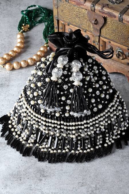 Shop_Bijoux By Priya Chandna_Black Semi-precious Stones Kiara Hand Embroidered Potli _at_Aza_Fashions