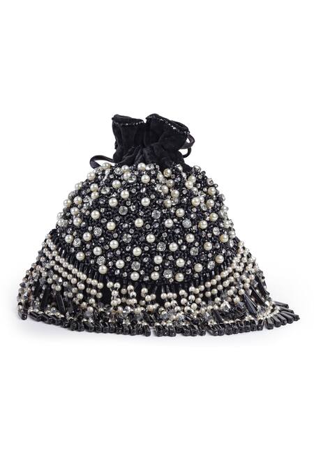 Shop_Bijoux By Priya Chandna_Black Semi-precious Stones Kiara Hand Embroidered Potli _Online_at_Aza_Fashions
