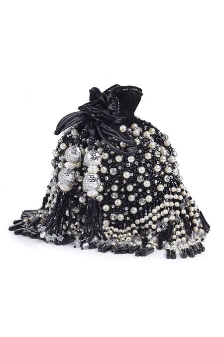 Shop_Bijoux By Priya Chandna_Black Semi-precious Stones Kiara Hand Embroidered Potli 