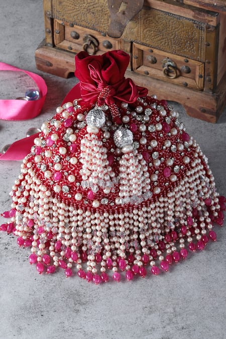 Shop_Bijoux By Priya Chandna_Fuchsia Pearls, Crystals Kiara Embroidered Potli _at_Aza_Fashions