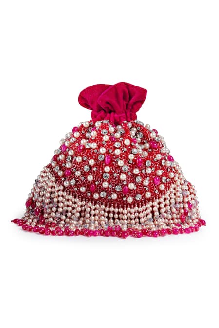 Shop_Bijoux By Priya Chandna_Fuchsia Pearls, Crystals Kiara Embroidered Potli _Online_at_Aza_Fashions