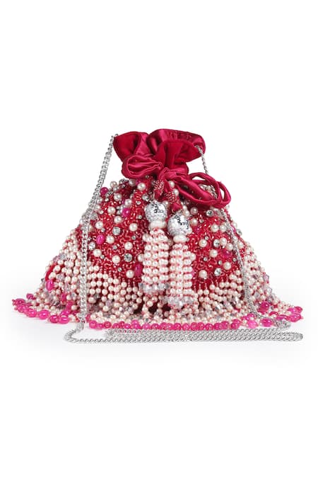 Shop_Bijoux By Priya Chandna_Fuchsia Pearls, Crystals Kiara Embroidered Potli 