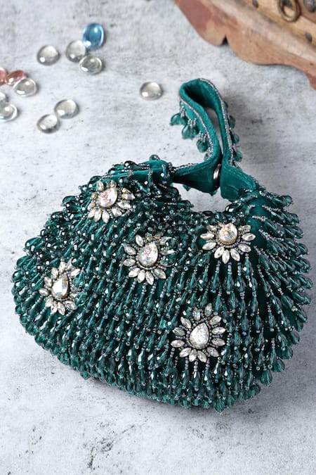 Shop Bijoux By Priya Chandna Green Crystals Button Up Velvet Embellished Potli at Aza Fashions Shop_Bijoux By Priya Chandna_Green Crystals Button Up Velvet Embellished Potli _at_Aza_Fashions