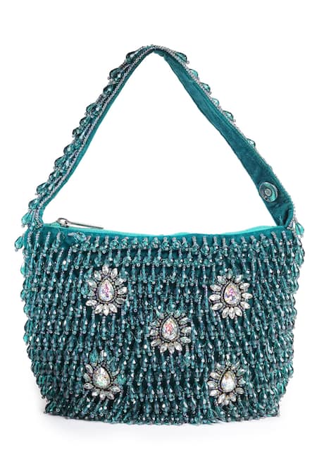 Bijoux By Priya Chandna Green Crystals Button Up Velvet Embellished Potli Online at Aza Fashions Bijoux By Priya Chandna_Green Crystals Button Up Velvet Embellished Potli _Online_at_Aza_Fashions