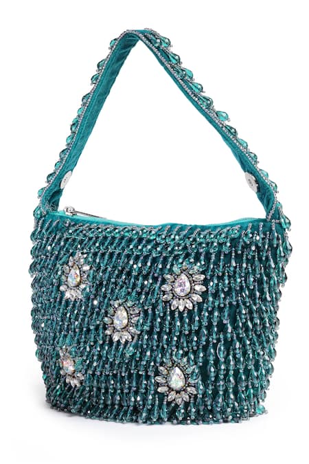 Bijoux By Priya Chandna Green Crystals Button Up Velvet Embellished Potli at Aza Fashions Bijoux By Priya Chandna_Green Crystals Button Up Velvet Embellished Potli _at_Aza_Fashions