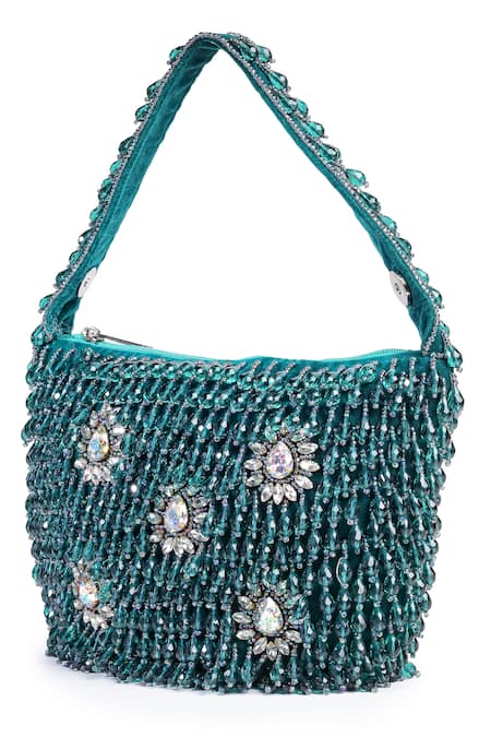 Shop Bijoux By Priya Chandna Green Crystals Button Up Velvet Embellished Potli Shop_Bijoux By Priya Chandna_Green Crystals Button Up Velvet Embellished Potli