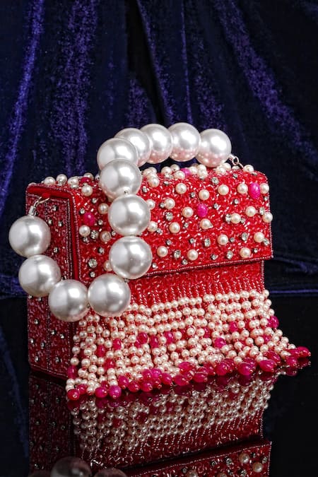 Shop_Bijoux By Priya Chandna_Fuchsia Semi-precious Stones Hand Embroidered Box Clutch _at_Aza_Fashions