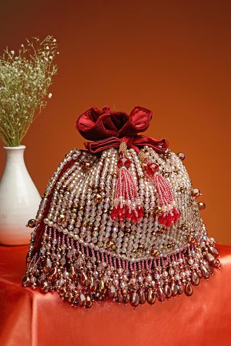 Shop Bijoux By Priya Chandna Wine Crystals Velvet Embroidered Potli at Aza Fashions Shop_Bijoux By Priya Chandna_Wine Crystals Velvet Embroidered Potli _at_Aza_Fashions