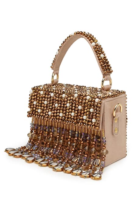 Bijoux By Priya Chandna_Gold Crystals Embroidered Mini Box Clutch _at_Aza_Fashions