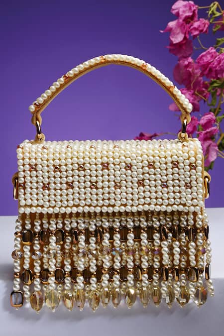 Shop Bijoux By Priya Chandna Yellow Pearls, Crystals Embroidered Mini Box Clutch at Aza Fashions Shop_Bijoux By Priya Chandna_Yellow Pearls, Crystals Embroidered Mini Box Clutch _at_Aza_Fashions