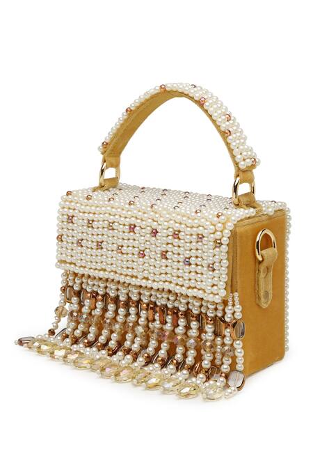 Bijoux By Priya Chandna Yellow Pearls, Crystals Embroidered Mini Box Clutch Online at Aza Fashions Bijoux By Priya Chandna_Yellow Pearls, Crystals Embroidered Mini Box Clutch _Online_at_Aza_Fashions