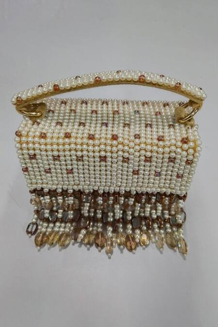 Shop Bijoux By Priya Chandna Yellow Pearls, Crystals Embroidered Mini Box Clutch Shop_Bijoux By Priya Chandna_Yellow Pearls, Crystals Embroidered Mini Box Clutch
