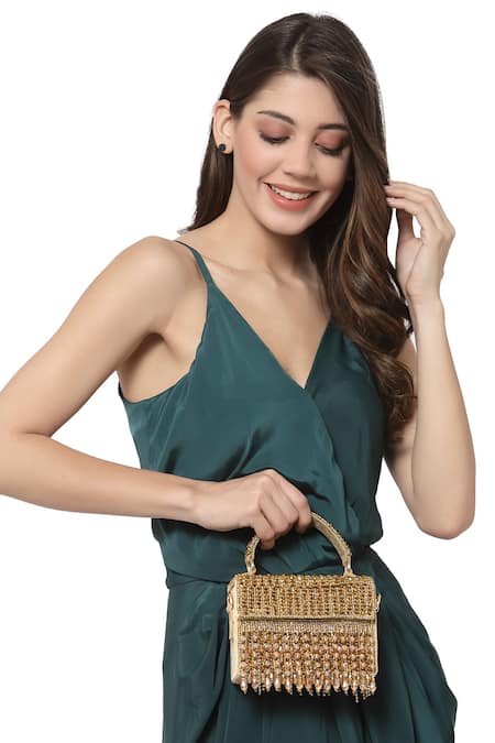 Bijoux By Priya Chandna Gold Crystals Rush Embroidered Mini Box Clutch 