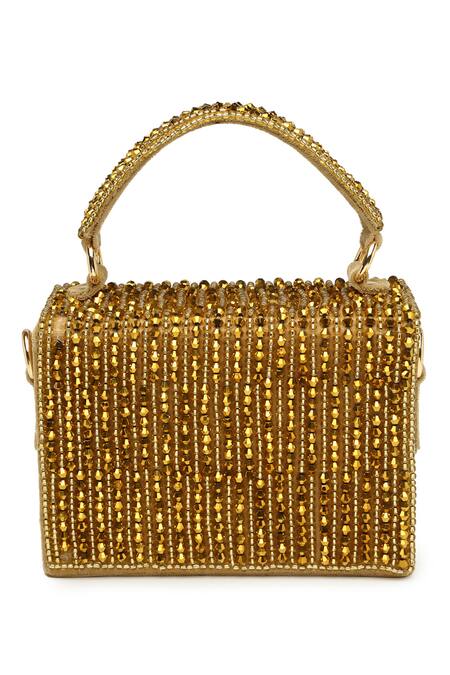 Bijoux By Priya Chandna_Gold Pearls, Crystals Rush Embroidered Mini Box Clutch _Online_at_Aza_Fashions