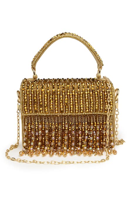 Bijoux By Priya Chandna_Gold Pearls, Crystals Rush Embroidered Mini Box Clutch _at_Aza_Fashions
