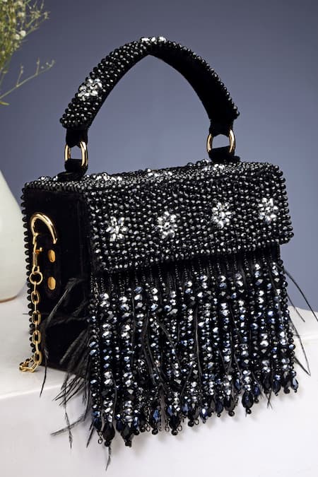 Shop Bijoux By Priya Chandna Black Crystals, Pearls Hand Embroidered Mini Box Clutch at Aza Fashions Shop_Bijoux By Priya Chandna_Black Crystals, Pearls Hand Embroidered Mini Box Clutch _at_Aza_Fashions