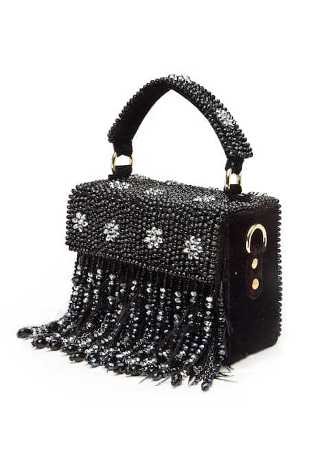 Buy Bijoux By Priya Chandna Black Crystals, Pearls Hand Embroidered Mini Box Clutch Online at Aza Fashions Buy_Bijoux By Priya Chandna_Black Crystals, Pearls Hand Embroidered Mini Box Clutch _Online_at_Aza_Fashions