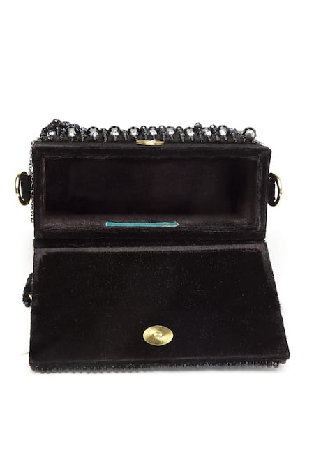 Buy Bijoux By Priya Chandna Black Crystals, Pearls Hand Embroidered Mini Box Clutch Buy_Bijoux By Priya Chandna_Black Crystals, Pearls Hand Embroidered Mini Box Clutch