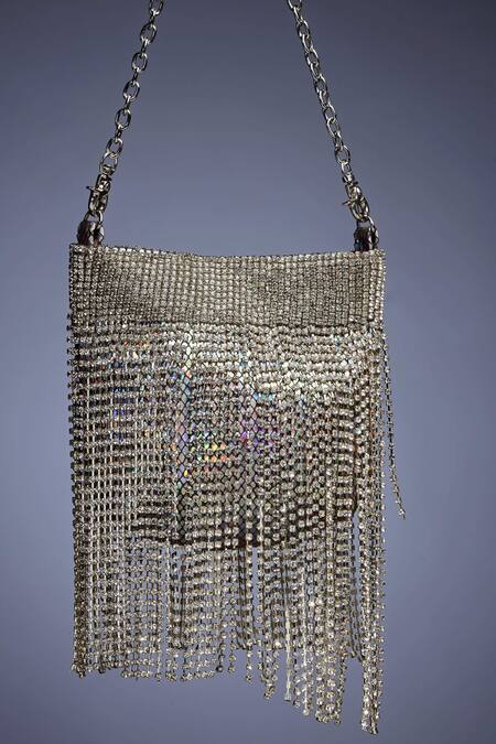Shop Bijoux By Priya Chandna Silver Crystals, Stones Rainfall Embellished Nano Pouch Bag at Aza Fashions Shop_Bijoux By Priya Chandna_Silver Crystals, Stones Rainfall Embellished Nano Pouch Bag _at_Aza_Fashions