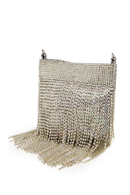 Shop Bijoux By Priya Chandna Silver Crystals, Stones Rainfall Embellished Nano Pouch Bag Online at Aza Fashions Shop_Bijoux By Priya Chandna_Silver Crystals, Stones Rainfall Embellished Nano Pouch Bag _Online_at_Aza_Fashions