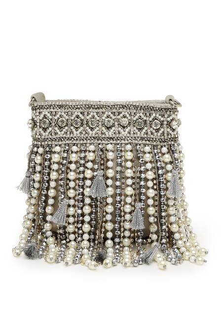 Buy_Bijoux By Priya Chandna_Silver Crystals, Stones Pearl Drop Embellished Nano Pouch Bag _Online_at_Aza_Fashions