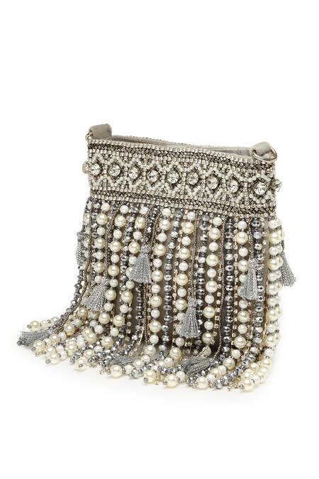 Shop_Bijoux By Priya Chandna_Silver Crystals, Stones Pearl Drop Embellished Nano Pouch Bag _Online_at_Aza_Fashions