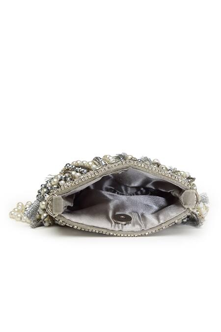 Bijoux By Priya Chandna_Silver Crystals, Stones Pearl Drop Embellished Nano Pouch Bag _at_Aza_Fashions
