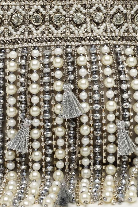 Buy_Bijoux By Priya Chandna_Silver Crystals, Stones Pearl Drop Embellished Nano Pouch Bag 