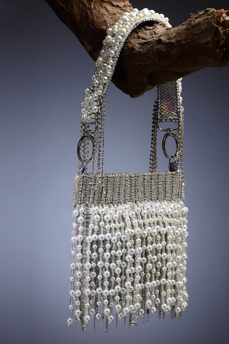 Shop Bijoux By Priya Chandna Grey Crystals, Stones Pearl Waterfall Embellished Nano Pouch Bag at Aza Fashions Shop_Bijoux By Priya Chandna_Grey Crystals, Stones Pearl Waterfall Embellished Nano Pouch Bag _at_Aza_Fashions