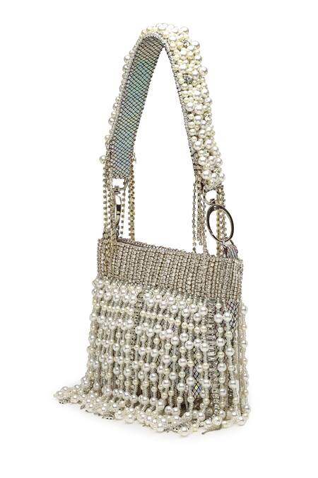 Shop Bijoux By Priya Chandna Grey Crystals, Stones Pearl Waterfall Embellished Nano Pouch Bag Online at Aza Fashions Shop_Bijoux By Priya Chandna_Grey Crystals, Stones Pearl Waterfall Embellished Nano Pouch Bag _Online_at_Aza_Fashions