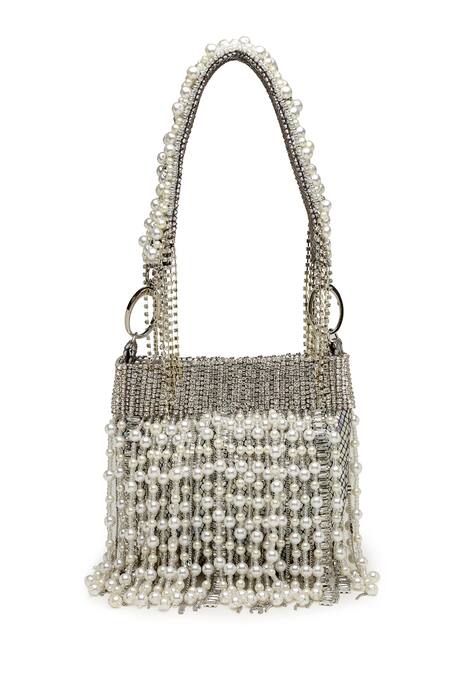 Bijoux By Priya Chandna Grey Crystals, Stones Pearl Waterfall Embellished Nano Pouch Bag at Aza Fashions Bijoux By Priya Chandna_Grey Crystals, Stones Pearl Waterfall Embellished Nano Pouch Bag _at_Aza_Fashions