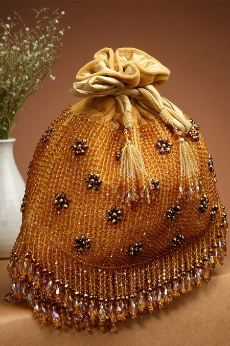 Shop Bijoux By Priya Chandna Gold Crystals, Beads Rush Hand Embroidered Potli at Aza Fashions Shop_Bijoux By Priya Chandna_Gold Crystals, Beads Rush Hand Embroidered Potli _at_Aza_Fashions