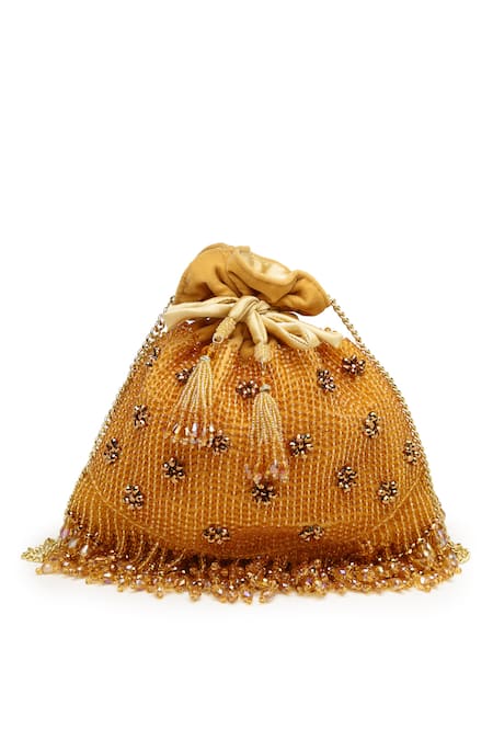 Bijoux By Priya Chandna Gold Crystals, Beads Rush Hand Embroidered Potli Online at Aza Fashions Bijoux By Priya Chandna_Gold Crystals, Beads Rush Hand Embroidered Potli _Online_at_Aza_Fashions