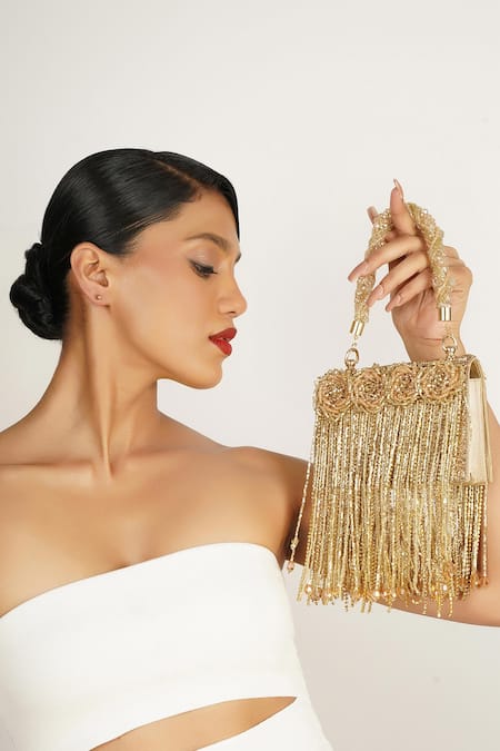 Bijoux By Priya Chandna_Gold Crystals, Beads Embellished Box Clutch _Online_at_Aza_Fashions
