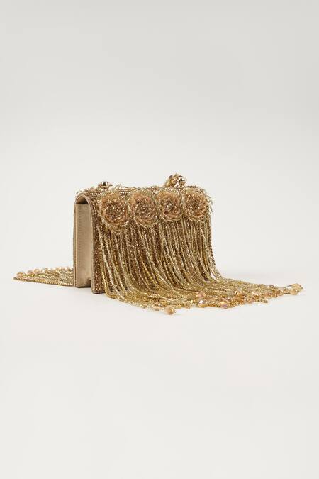 Shop_Bijoux By Priya Chandna_Gold Crystals, Beads Embellished Box Clutch _Online_at_Aza_Fashions