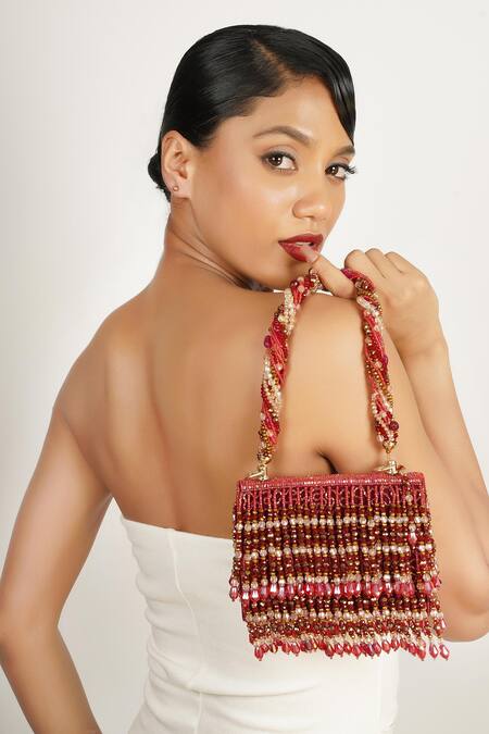 Bijoux By Priya Chandna_Red Crystals, Beads Embellished Box Clutch _Online_at_Aza_Fashions