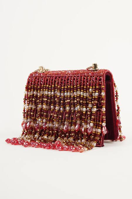 Buy_Bijoux By Priya Chandna_Red Crystals, Beads Embellished Box Clutch _Online_at_Aza_Fashions