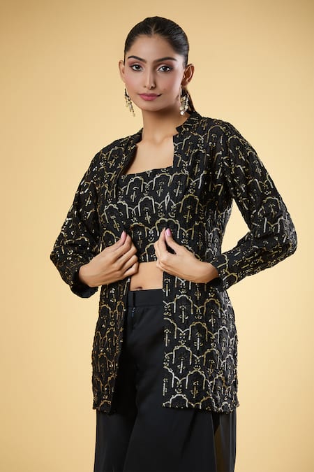 Buy_Samyukta Singhania_Black Georgette Sequins Square , Open Embroidered Jacket Pant Set_Online_at_Aza_Fashions