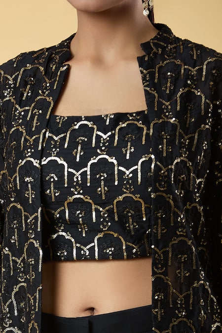 Shop_Samyukta Singhania_Black Georgette Sequins Square , Open Embroidered Jacket Pant Set_Online_at_Aza_Fashions