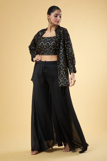 Buy_Samyukta Singhania_Black Georgette Sequins Square , Open Embroidered Jacket Pant Set